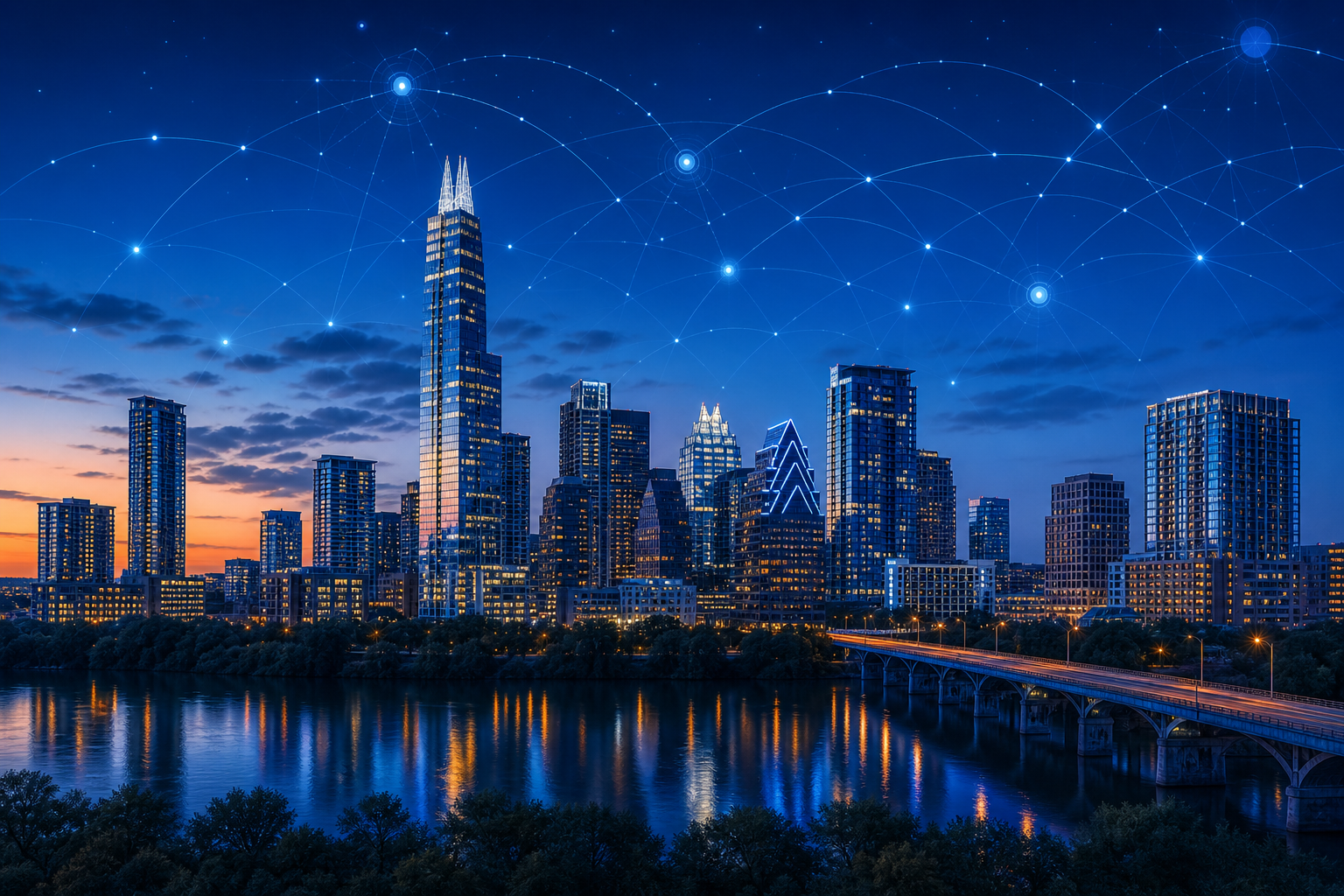 Austin skyline with connected competency intelligence nodes
